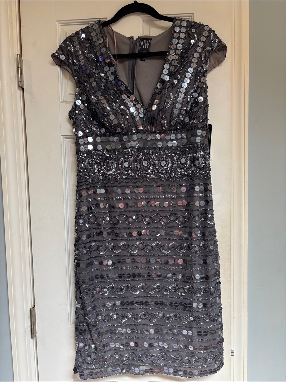 Nightway Sleeveless Silver Sequin V-Neck Dress